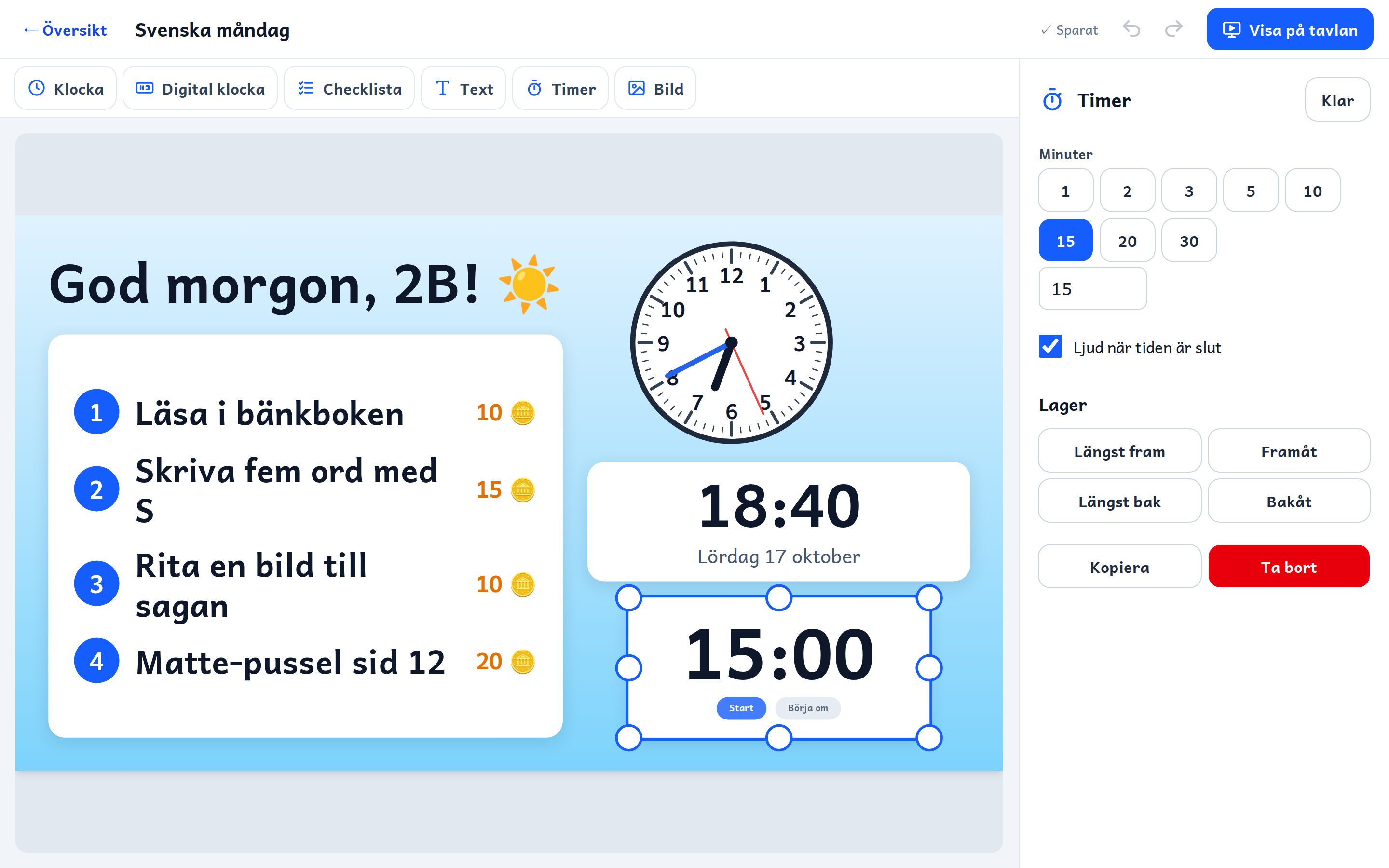 Tavelredigeraren: dra och ändra storlek på klockor, checklista och timer, med inställningar i sidopanelen.