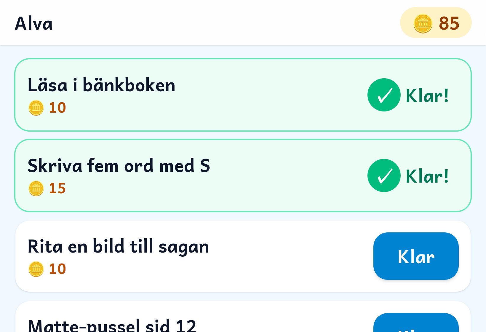 Elevens iPad med dagens uppgifter, två markerade som klara.